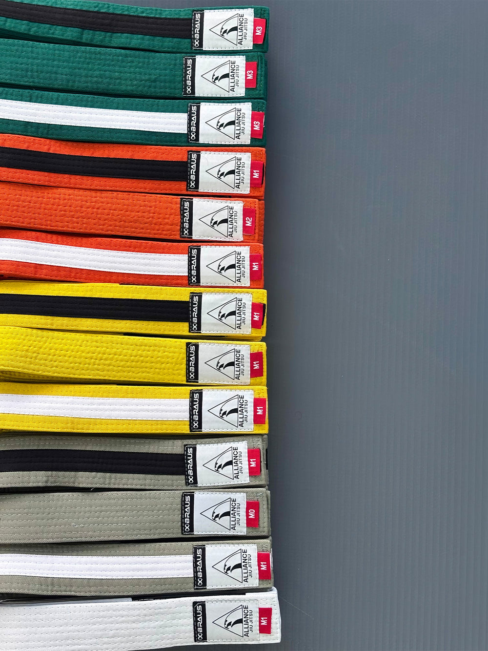 Braus Fight Alliance Belt Faixas Infantil Coloridas Branco Cinza Cinza/Branco Cinza/Preto Amarelo Amarelo/Branco Amarelo/Preto Laranja Laranja/Branco Laranja/Preto Verde Verde/Branco Verde/Preto